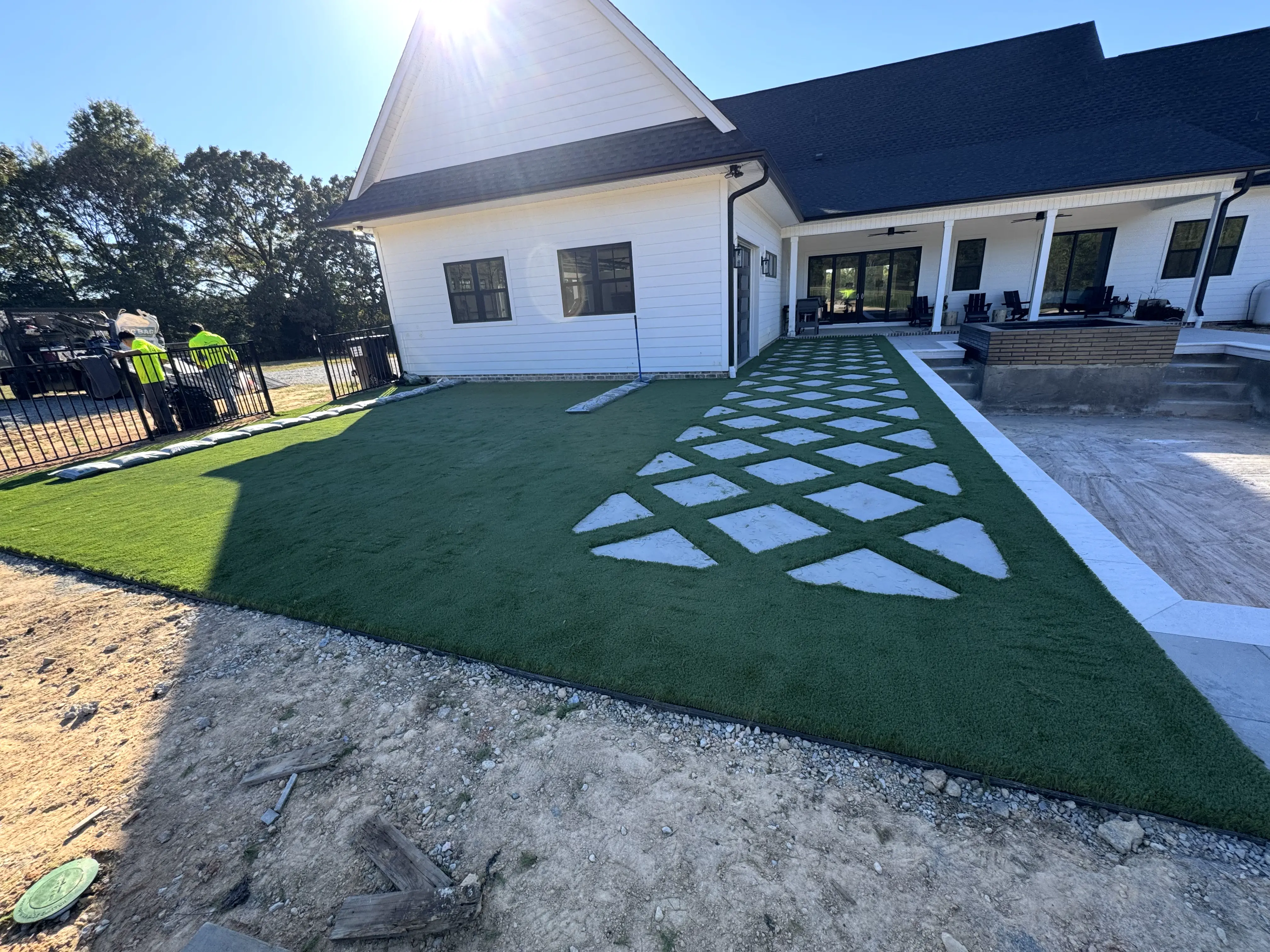 White Farmhouse — Turf with Diamond Steppers
