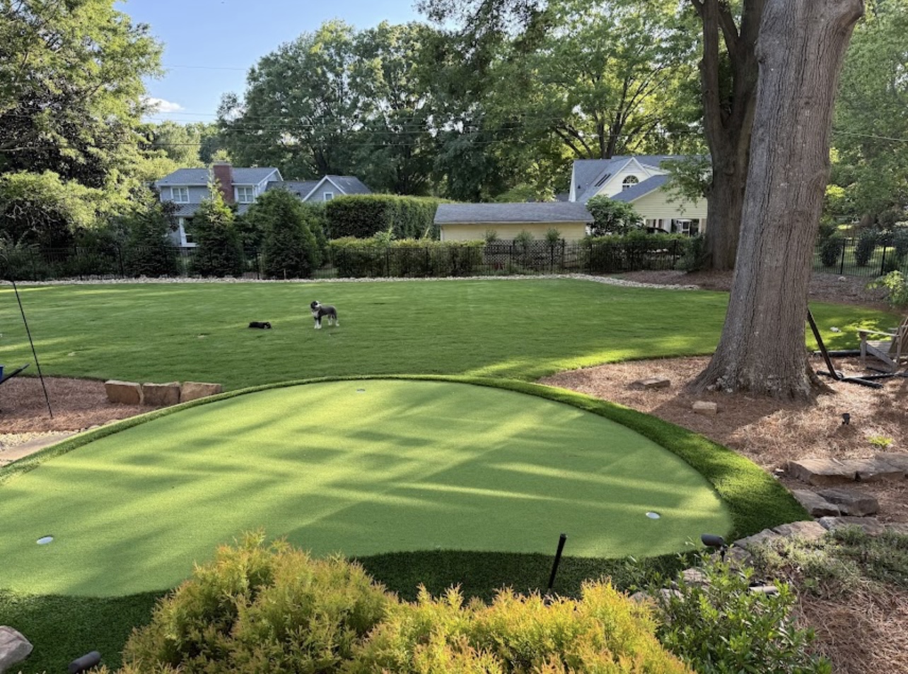 Versatile Charlotte backyard with pet-safe artificial turf and putting green installation